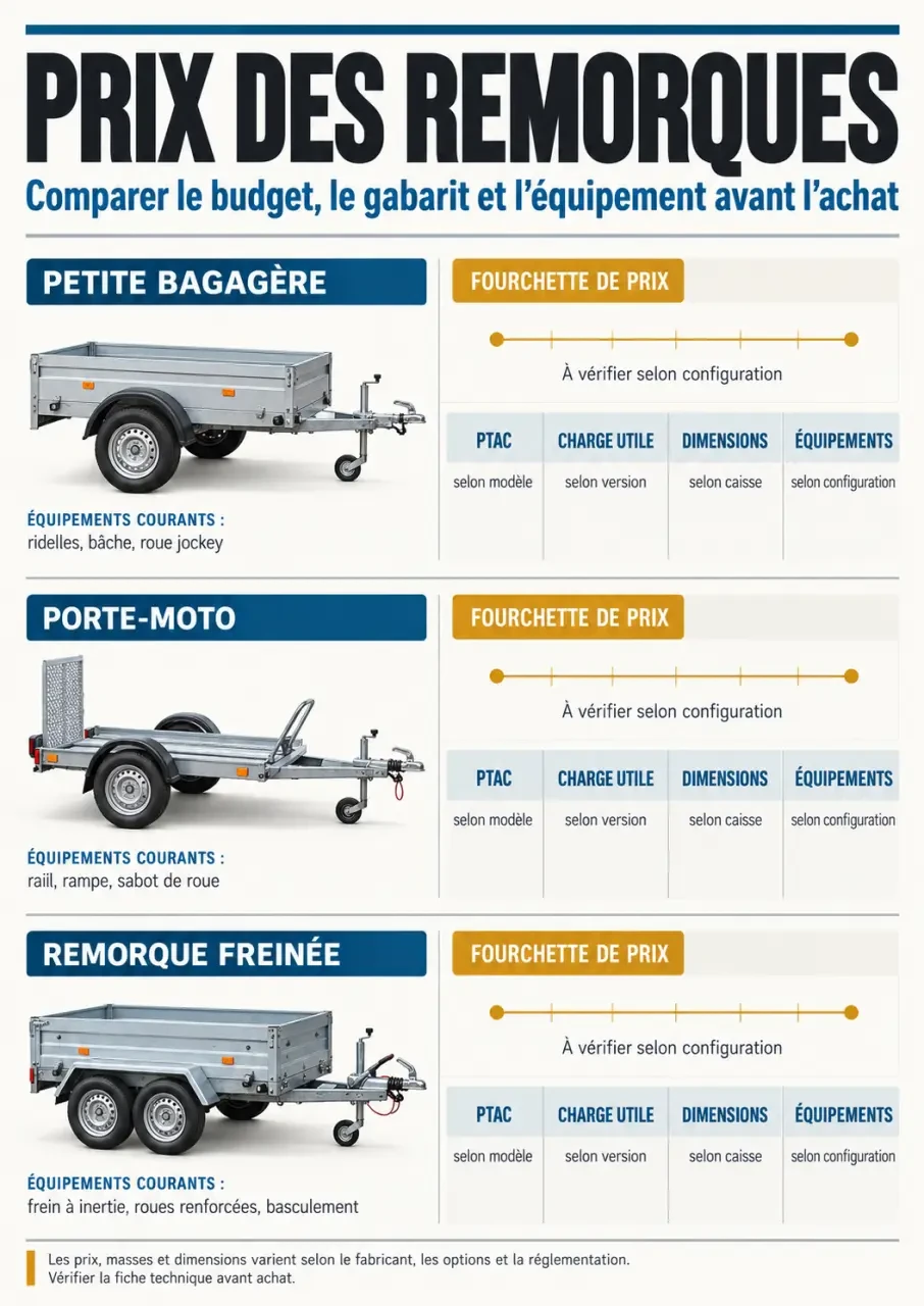 Infographie sur les prix des remorques, le PTAC, la charge utile et les dimensions selon les catégories